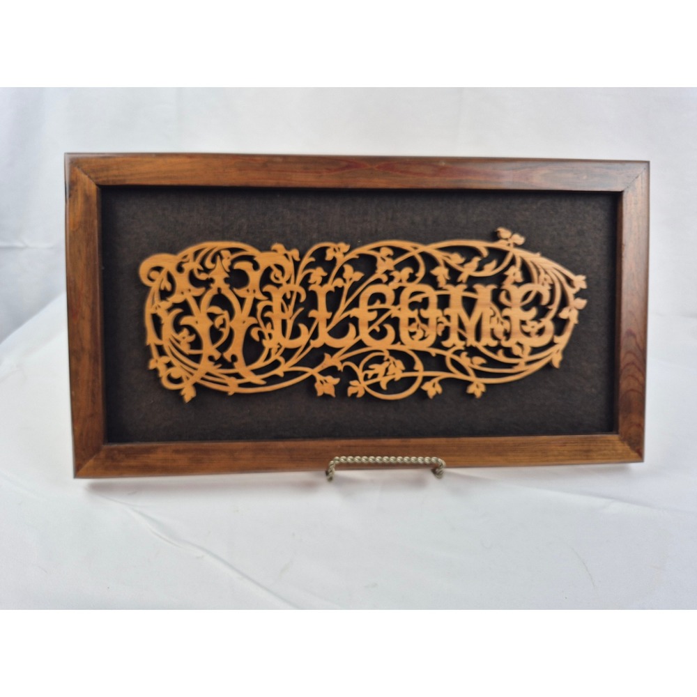 Vintage Welcome Sign Framed 3D Wood Scroll Saw Filigree Wall Art 18x9 Decor gift